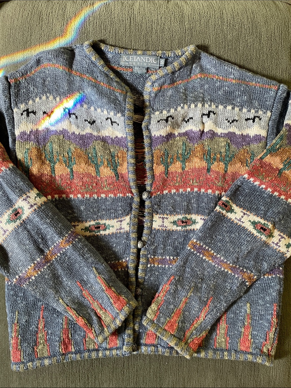 Icelandic Designs Women's Gray Multicolor Patterned Cardigan Sweater